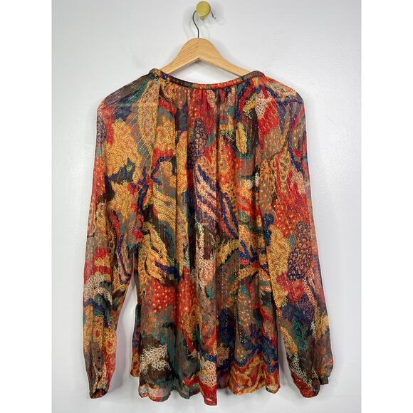 NW T.L.C. Printed Silk V-Neck Curved Hem Long Sleeve Casual Blouse Size: 0 - Picture 7 of 10